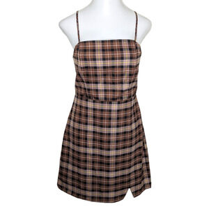 GIANNI BINI Brown Plaid Pinafore Mini Dress Slit Adjustable Straps XL 90s Y2K